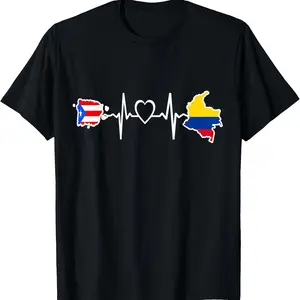 Peurto Rico Colombia Flag - Peurto Rican Colombian Heartbeat T-Shirt - 220g, A Heartbeat Design Celebrating Both Puerto Rican and Colombian Heritage Cotton Fabric Summer Top