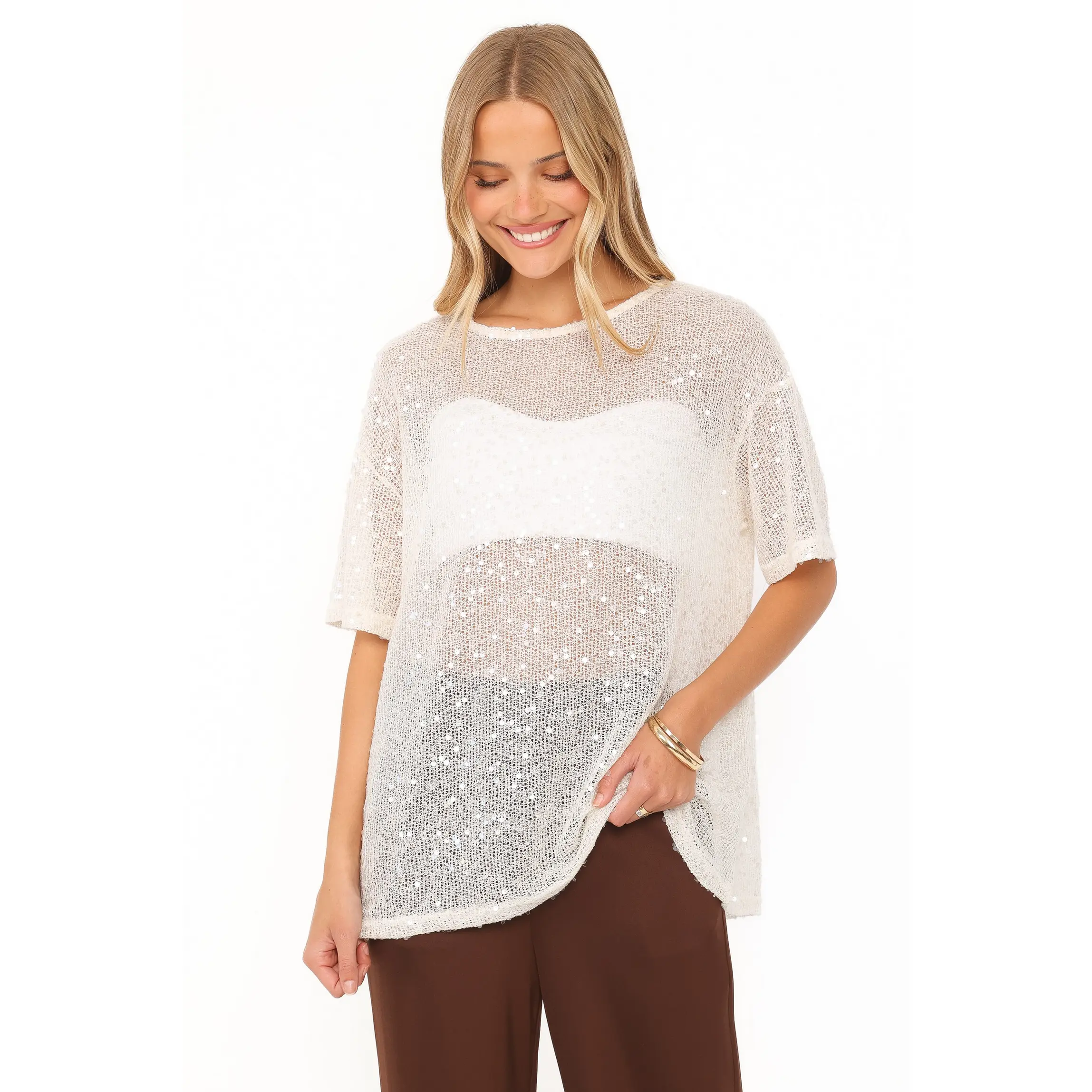 Nadine Sheer Tee Top - Cream
