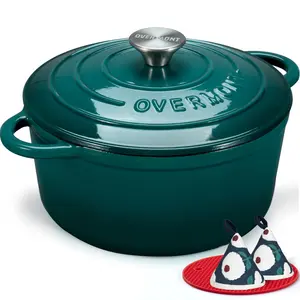 Overmont Bottle Green Enamel Cast Iron Casserole Pot with Lid Heavy Duty Double Handle Cookware for One Pot Meals Family Dinners Holiday Feasts Stews Roasts & Homemade Bread