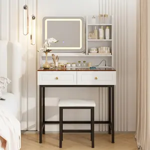 Makeup Vanity with LED Lighted Mirror 360° Rotatable, Vanity Desk with Power Outlet 2 Drawers 3 Tier Shelves Amber Glass Table Top Sturdy Metal Legs and Stool White for Bedroom