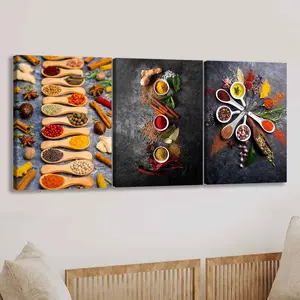 Food Ingredients Pattern Canvas Painting with Frame, 3 Counts/set Kitchen Restaurant Wooden Wall Art, Wall Decor for Home Living Room Bedroom Office, Ornaments