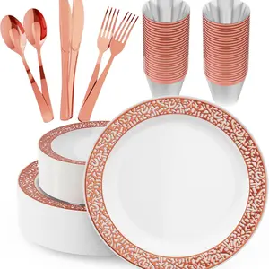 72-Piece Rose Gold Cutlery Set, Elegant Disposable Tableware, Disposable Dinnerware Includes Dessert Bowls Forks Knives Spoons Party Cups Disposable Dinner Plates for Weddings Birthdays Christmas