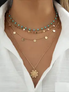 Bohemian Turquoise Pendant Necklace, Tiered Layer Design, Titanium Alloy Chain, Boho Style Jewelry Gift for Her;Casual Beach Fashion Accessory for All Seasons
