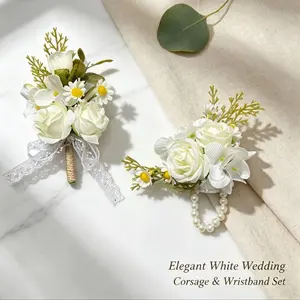 2-Piece White Artificial Rose Boutonniere + Wrist Corsage Set, Elegant Wedding Prom Party Floral Accessories for Groom Bride Bridesmaid