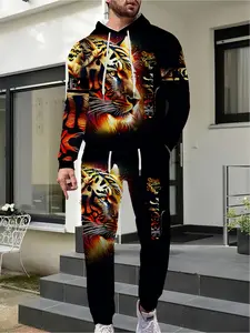 Minimalist Tiger Pattern Men's Casual Sports Set - Fashion 2-piece Hoodie and Running Pants Set Graphic Tracksuit