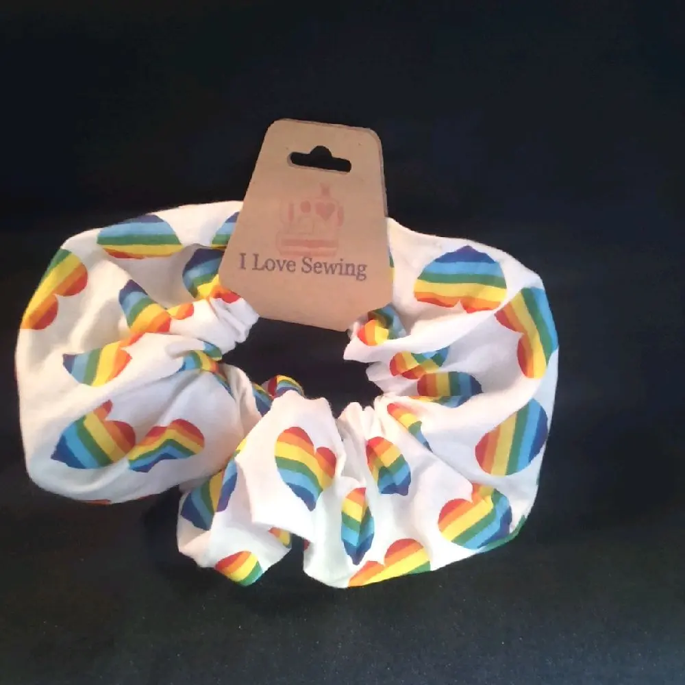 I Love Sewing Pride Love Scrunchie with Rainbow Heart Design for Sewing Enthusiasts