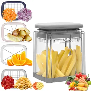 1 Count French Fry Cutter, 4 in 1 Vegetable Chopper, 4 Interchangeable Blades, Crystal-Clear Container with Non-Slip Base, Kitcehn Tool, Makes French Fries and Chops Vegetables