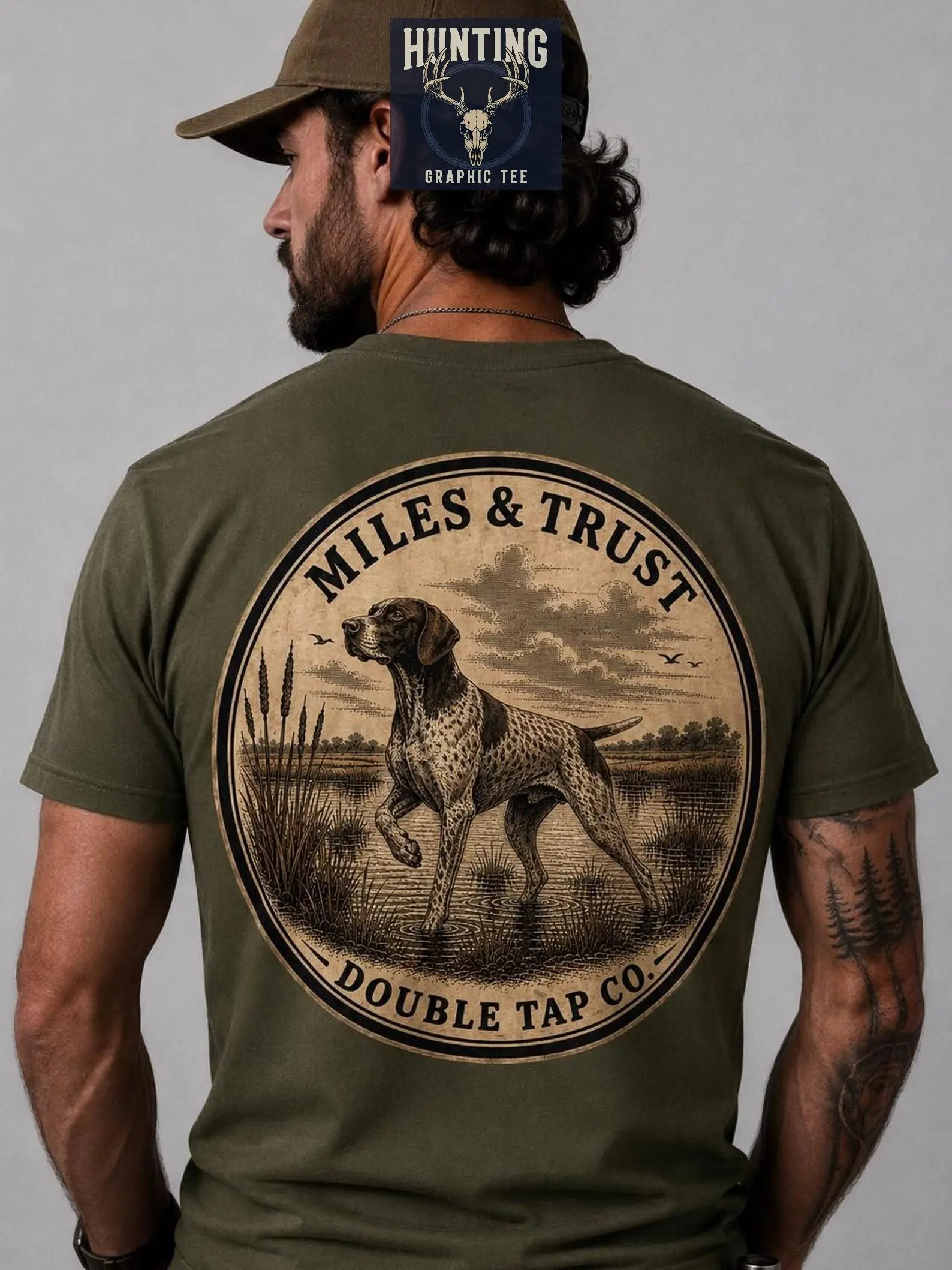 GSP Hunting Shirt, Miles & Trust Tee, German Shorthaired Pointer,, Bird Dog Gift, Double Tap Co, Dog Dad Gift, Mens GSP Graphic Tee, Hunting Clothing for Men , By Hunting Graphic Tee