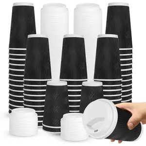 100 Set - 16 oz Coffee Cups with , Disposable Insulated Corrugated Paper Cups, Double Wall Ripple To Go Cups for Hot Drinks, , Cocoa (Black)