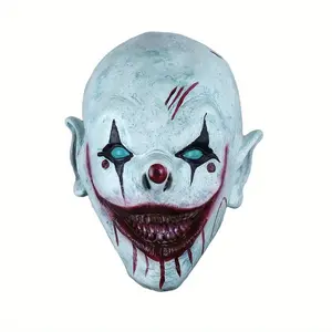 Adult Scary Bloody Latex Clown Full-Head Mask with Elf Ears & Makeup, Creepy Halloween Cosplay Prop for Haunted House Parties