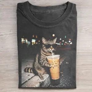 Comfort Colors Cat Drinking Iced Coffee TShirt | Funny Animal Meme Tee | Coffee Lover Cat TShirt | Unisex Graphic T-Shirt