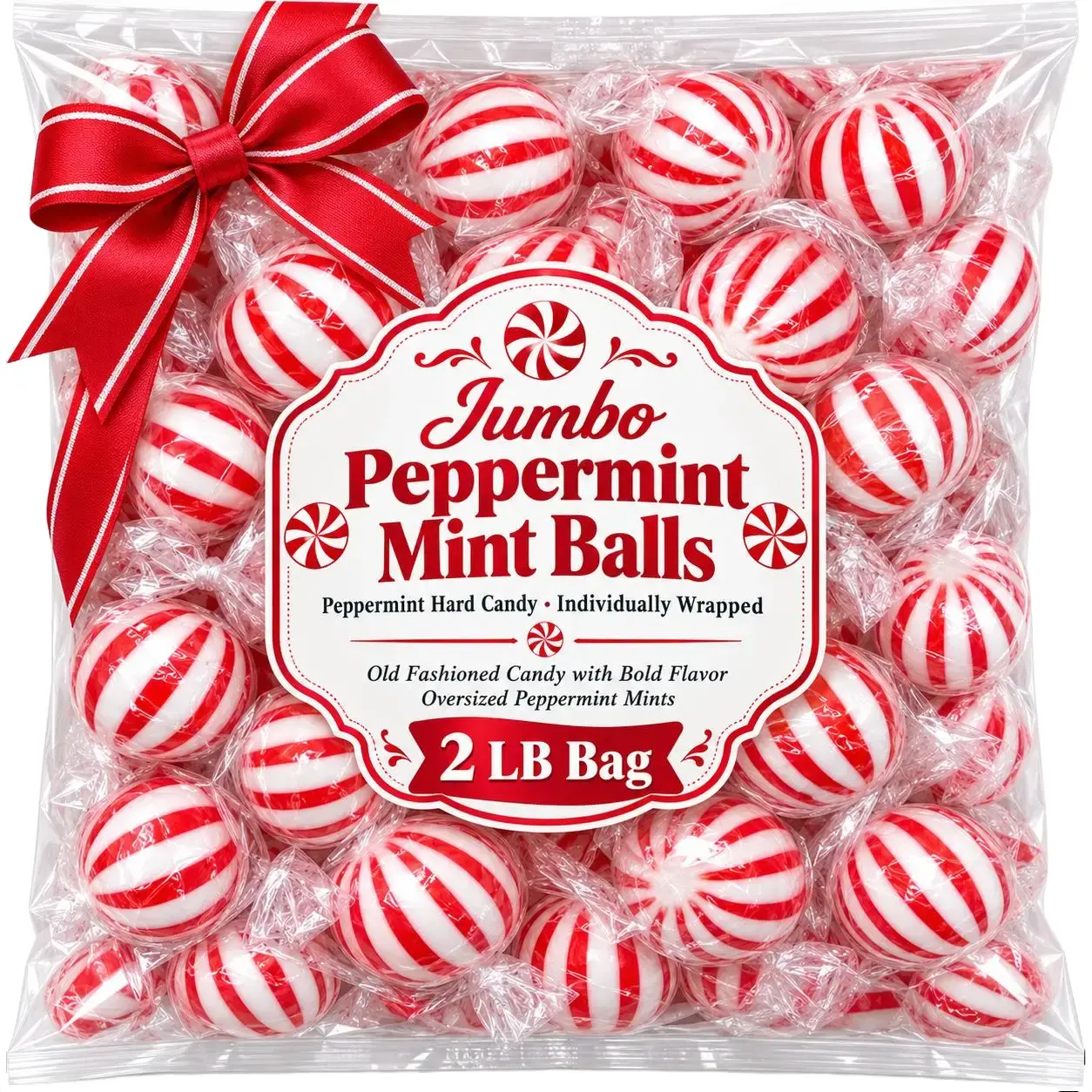 Jumbo Mint Balls, Peppermint Hard Candy Individually Wrapped, 2 Lb Bag | Old Fashioned Candy with Bold Flavor, Oversized Peppermint Mints