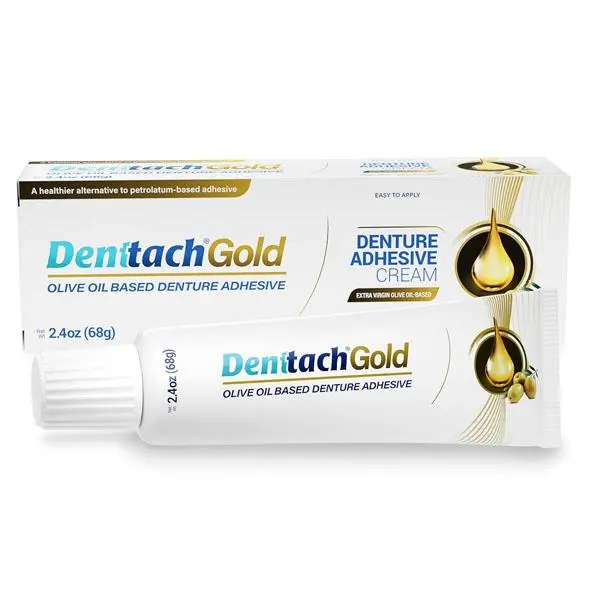 Denttach Gold – Extra Virgin Olive Oil - Extra Strength Denture Adhesive for Full & Partial Dentures – Zinc-Free, Long-Lasting Grip, 2.4oz Saliva Activated