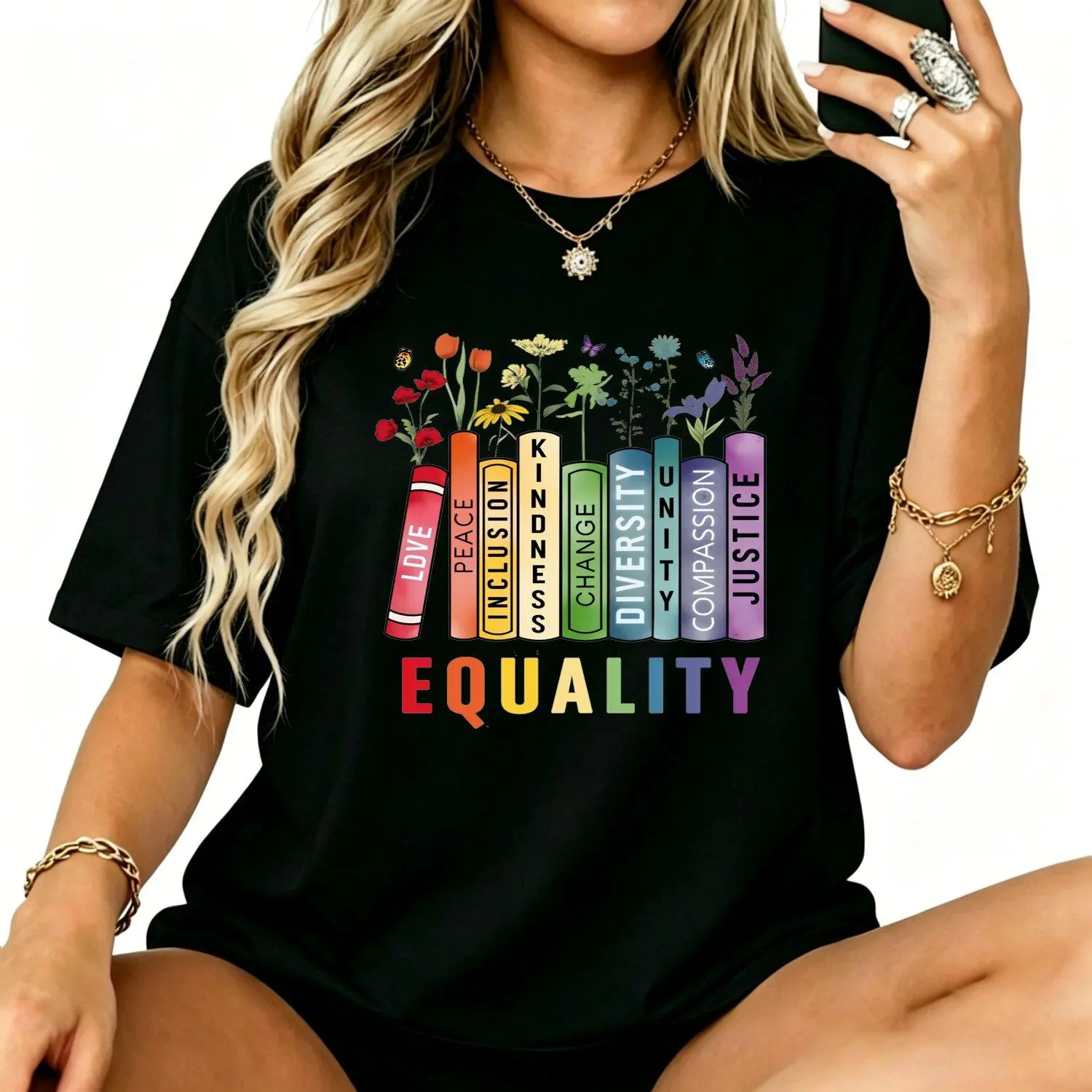 Equal Rights Book Flower Equality Peace Love Kindness Men Short sleeve T shirts Graphic Casual Vintage Inspirational Activist Statement Apparel