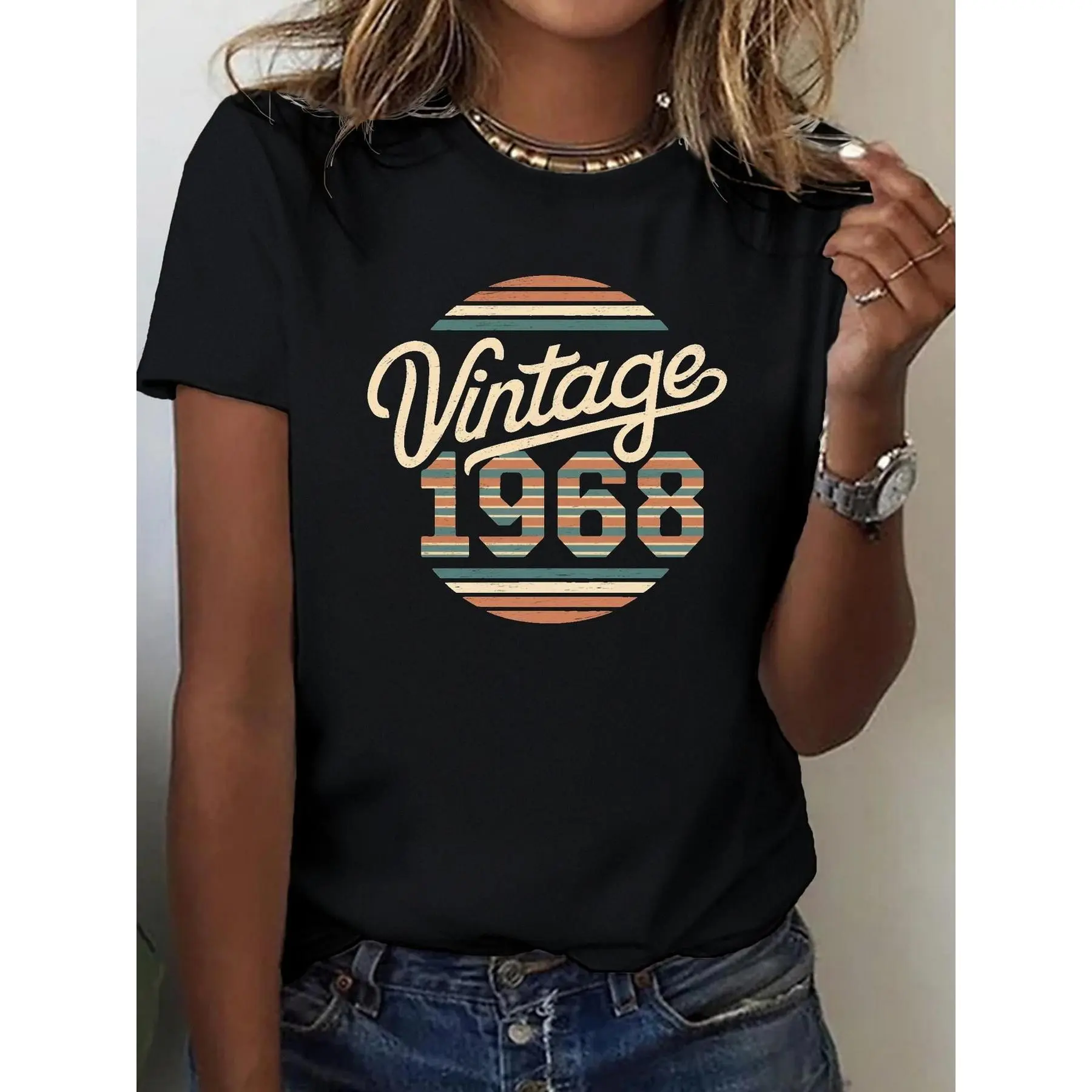 Vintage 1968 Graphic Tee for Women 180g Black Short Sleeve Retro Print T-Shirt Crew Neck Casual Summer Tops Comfortable and Stylish Tees Perfect Gift for 55th Birthday Celebrations Fashionable Vintage 1968 T-Shirt for Every Day Wear# graphic print t-shirt