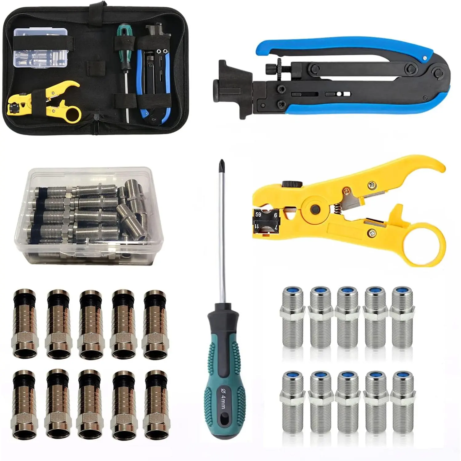 Coax Cable Crimper Tool Kit, Coaxial  Tool for rg6 rg59 rg11 with 1 Wire Stripper, 10 count F Male rg6 Connectors And 10 count Female to Female rg6 Connectors, 1