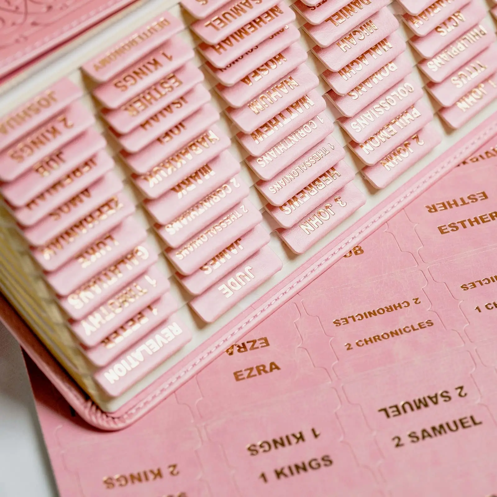 Leather Bible Tabs - Pink 66 Pre-Printed Stickers with Gold Foil Lettering, Burnished Edges, Large Print, Durable, Easy to Read & Apply, Heirloom-Luxury Craftsmanship, 80 Chapter Labels, Compatible with Journaling Bibles for Deeper Study, Gift Sets, Large