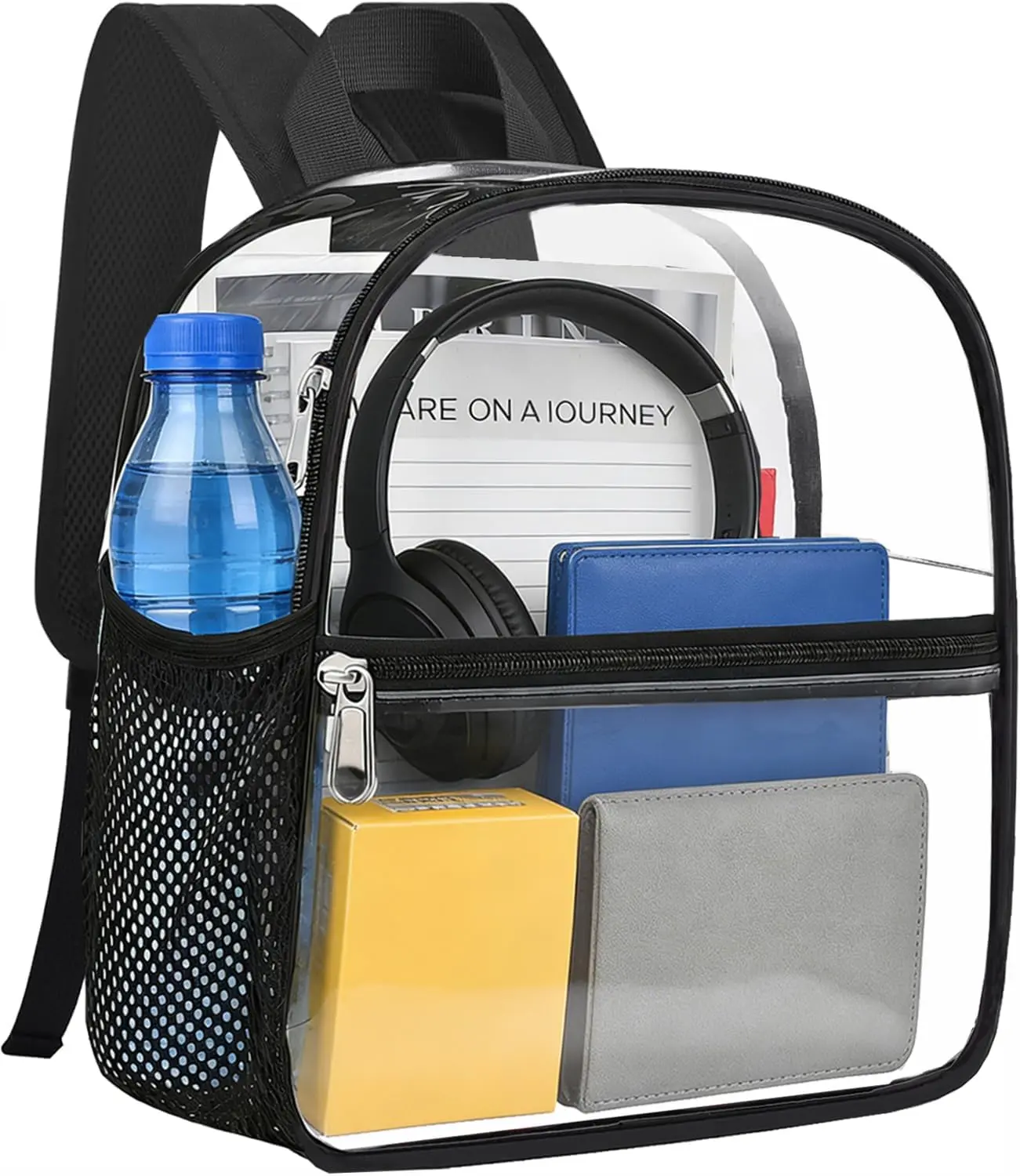 Clear Backpack for Stadium Events 12x12x6, Clear Bag Stadium Approved Mini Small Sports Fan Backpacks with Front Pocket for Sport Concert Work Travel(Enhanced Straps,Black)