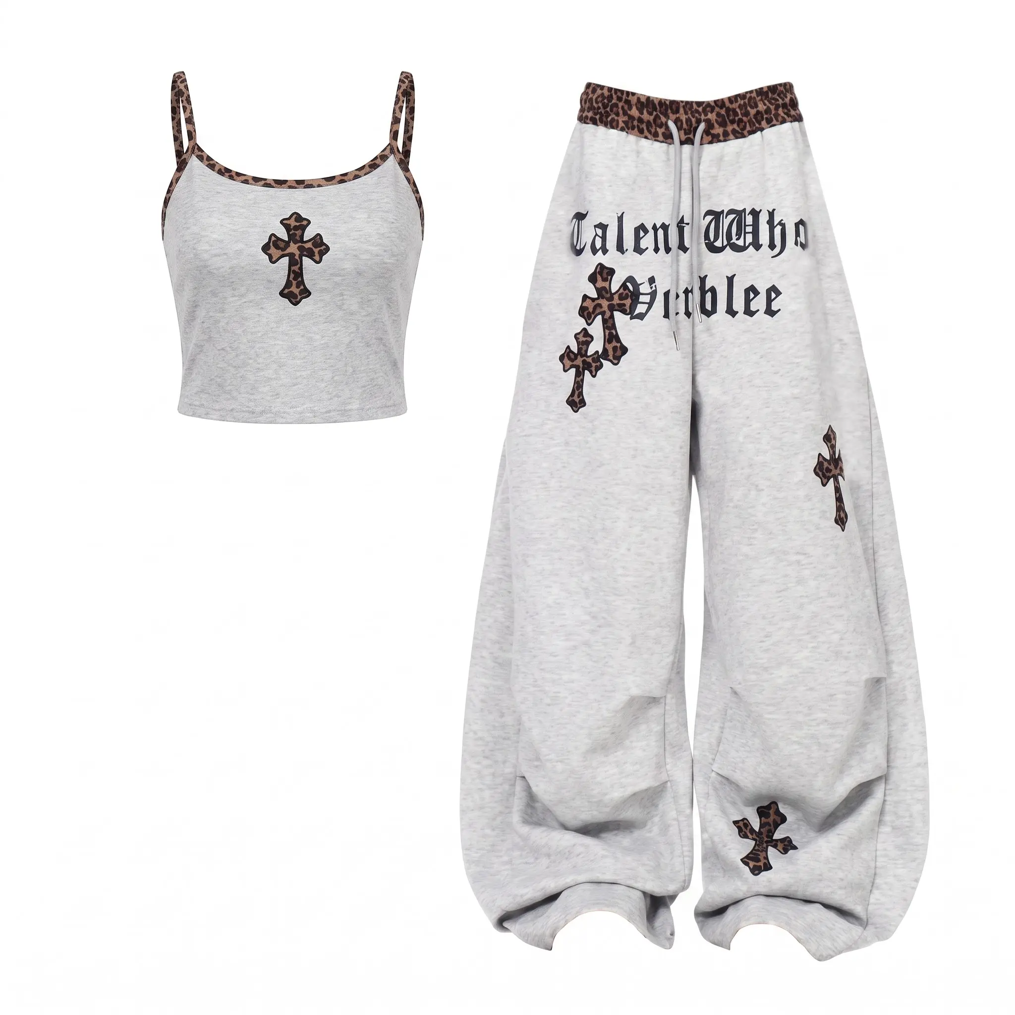 Y2K 2 Piece Sweatpant Set Leopard Trim Crop Tank Top Baggy Joggers Gothic Cross Graphic Co Ord Set