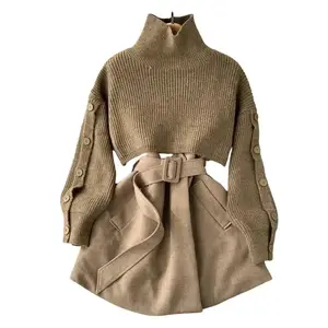 Autumn Winter Gentle Style Women's New Fashion Short Elegant Sweater Vest Set Skirt Two-Piece Women's Outfit Clothes Womenswear Fitted Turtleneck Basic Casual Office Lady Suits Gamis Khaki Long Sleeve Minimalist Chic Everyday