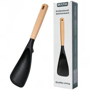 BUUYIS Silicone Cooking Spoon - Kitchen Utensil for Non-Stick Cookware, BPA-Free Matte Silicone, Extended Wooden Handle, Ergonomic Comfortable Grip for Cooking and Serving