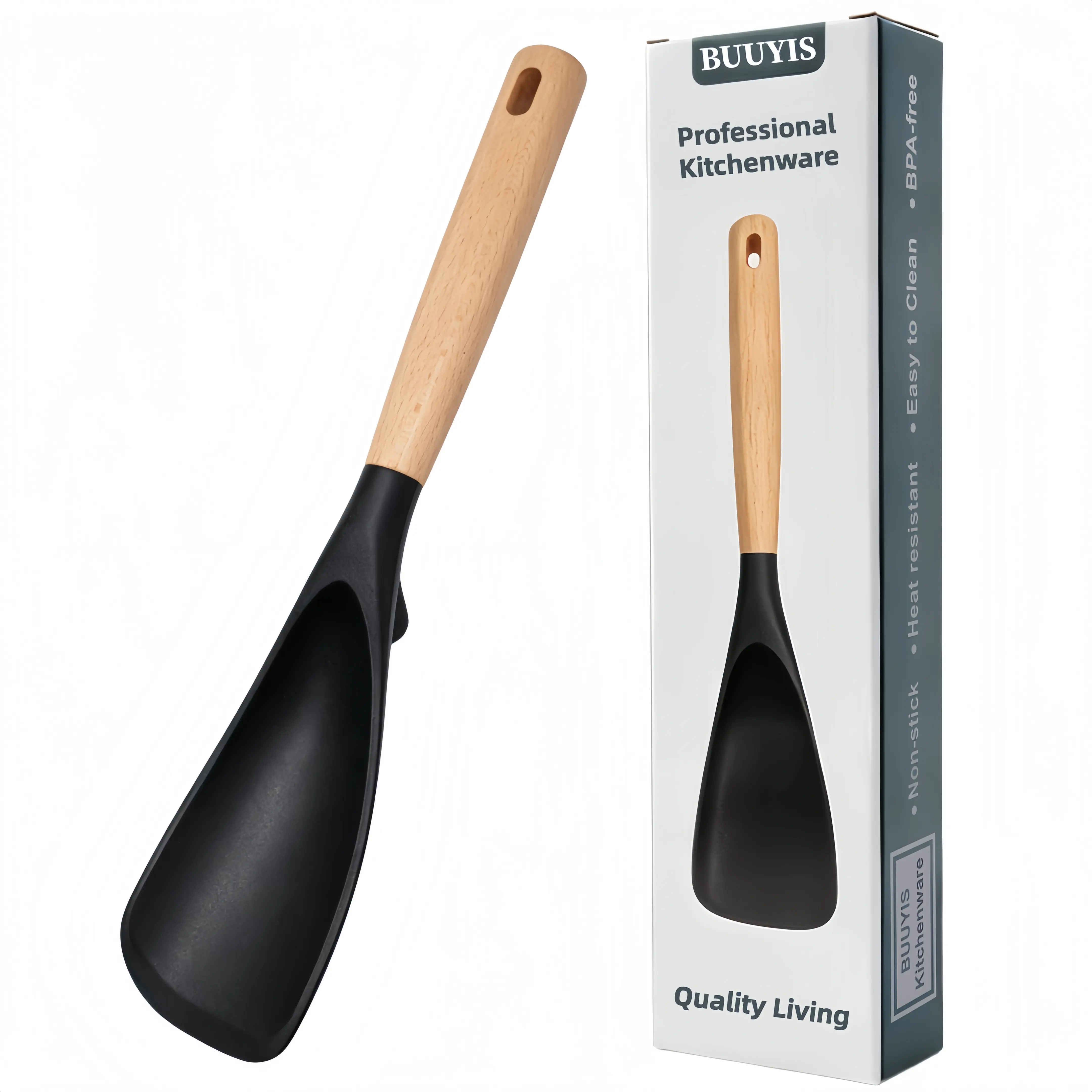 BUUYIS Food Grade Heat Resistant Silicone Solid Spoon - BPA-Free Matte Kitchen Utensil for Non-Stick Cookware, Extended Wooden Ergo-Grip Handle, Kitchen Household Products for Cooking & Serving