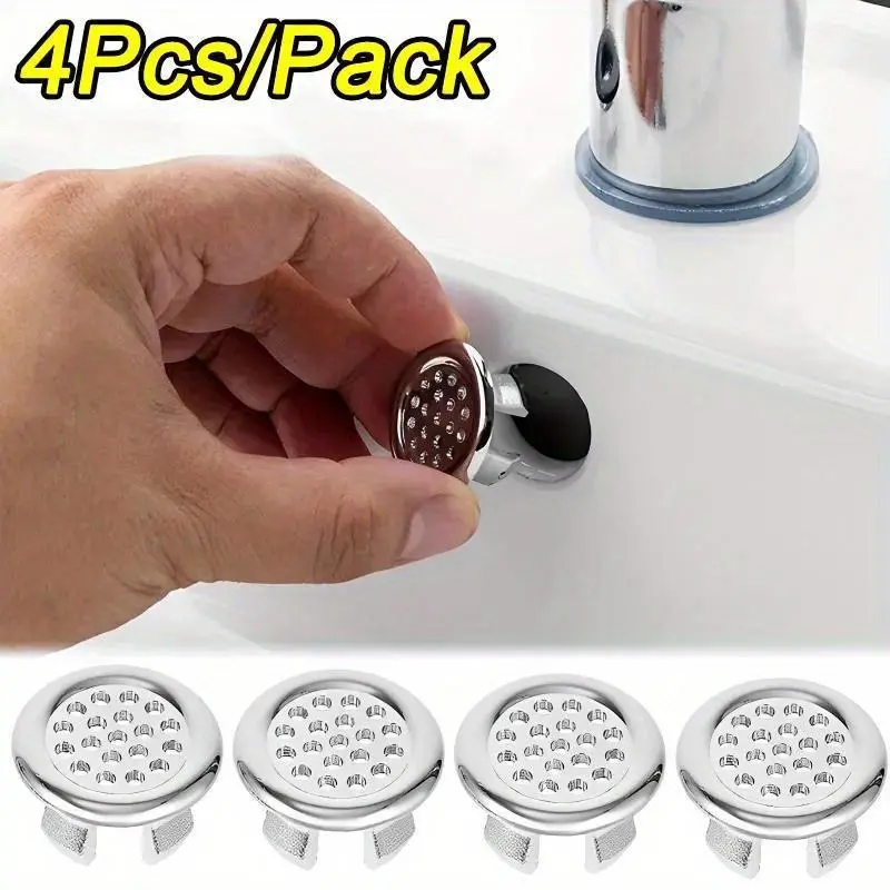 4 Plastic Bathroom and Kitchen Sink Overflow Cover - Chrome Hole Round Drain Cover with Black Grip, Waterproof and Durable for Vanity and Sink Accessories, Sink Accessories | Modern Sink Accessories | Plastic Sink Cover, Bathroom Sink