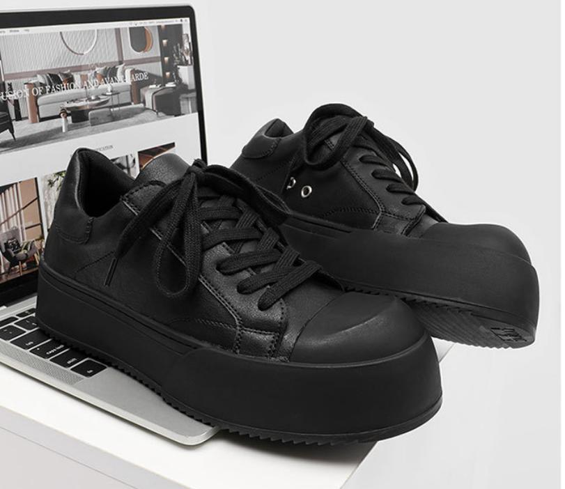 Men's Cleanfit Platform Sneakers All Black Leather-Like Simple Slim Leg Stylish
