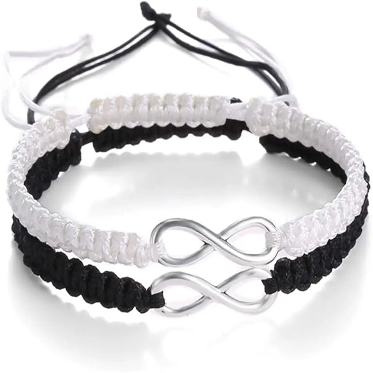 Valentine's Day Gift 2-Set Stainless Steel Infinity Symbol Braided Couple Bracelets, Leather Rope Bangles with 7-9 in Adjustable Chains for Lovers