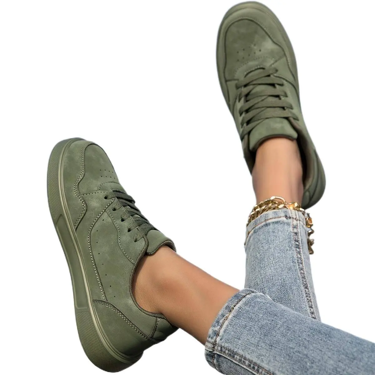 Women's Olive Green Low-Top Lace-Up Sneakers - Women's Shoes, Casual Walking Athletic Trainers for Sports, Outdoor Activities, Sneakers For Women