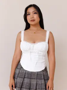 Fast Times Top - White cute corset-style tank top with lace details, feminine style, stretchy fabric, zipper closure, comfy, easy-to-wear fit