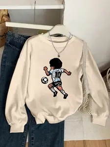 Maradona Tribute Round Neck Sweatshirt, Casual Fitted Graphic Tee, Fall & Winter Fashion, Men's Daily Wear, Comfortable Cotton Blend