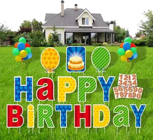 16Pcs Happy Birthday Yard Sign with Stakes, Personalized Age Plastic Signs with 20 Number Stickers, Bright & Colorful Letters, Weatherproof, Perfect Outdoor Lawn Decorations