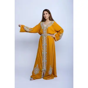 Crystal Bloom Emarati Kaftan in Mustard Orange