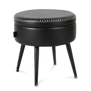 Round Faux Leather Storage Ottoman, Stitched Upholstered Vanity Stool with Steel Legs, Multi-Purpose Footrest Bench for Bedroom and Living Room