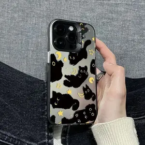 Case for iPhone 16 Pro Max 15 Plus 14 13 12 11 XS XR Cute Cartoon Moon Stars Black Cat Pattern Shockproof Silicone TPU Back Protective Smartphone Cover