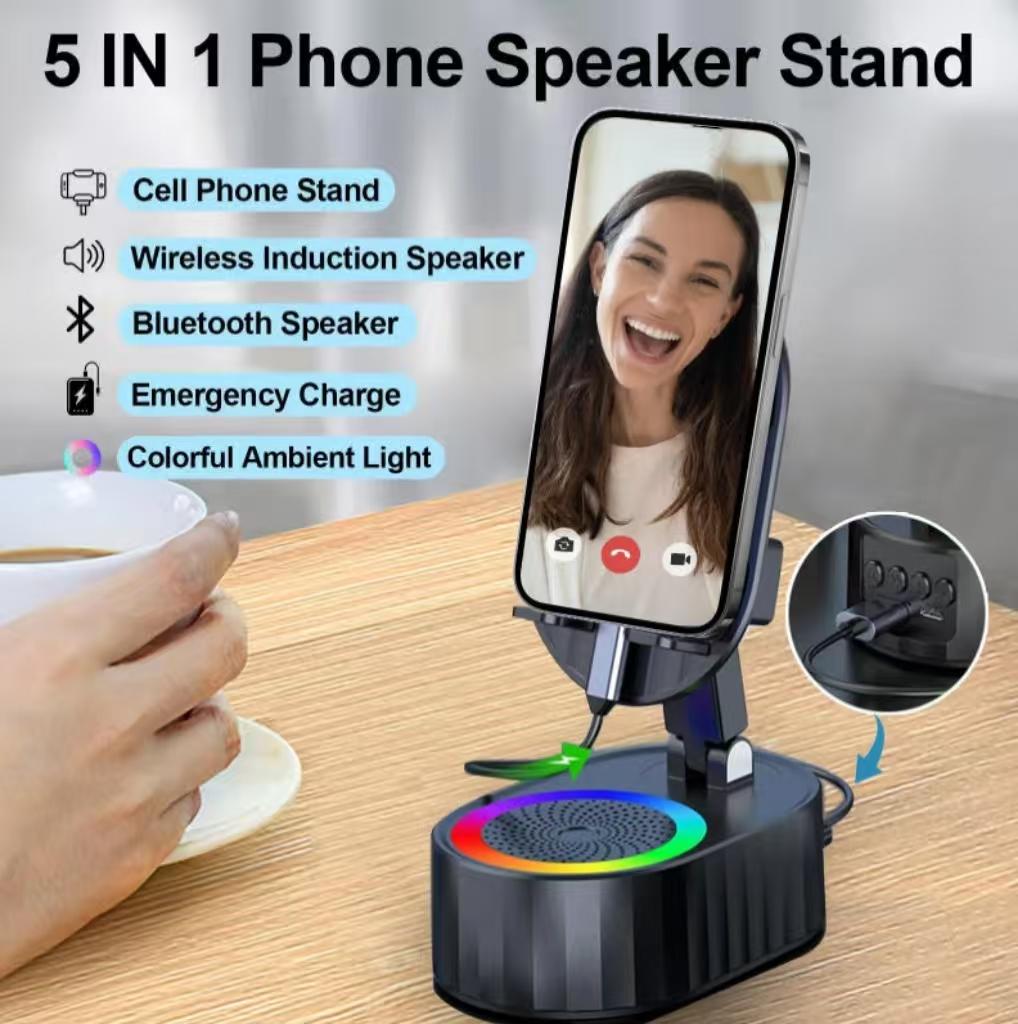 Wireless Induction Audio Bluetooth Speaker 5in1 Cellphone Holder USB Emergency Rechargeable  Portable Power Mobile Tablet Stand with Colorful Ambient Light Gifts for Friend, Family