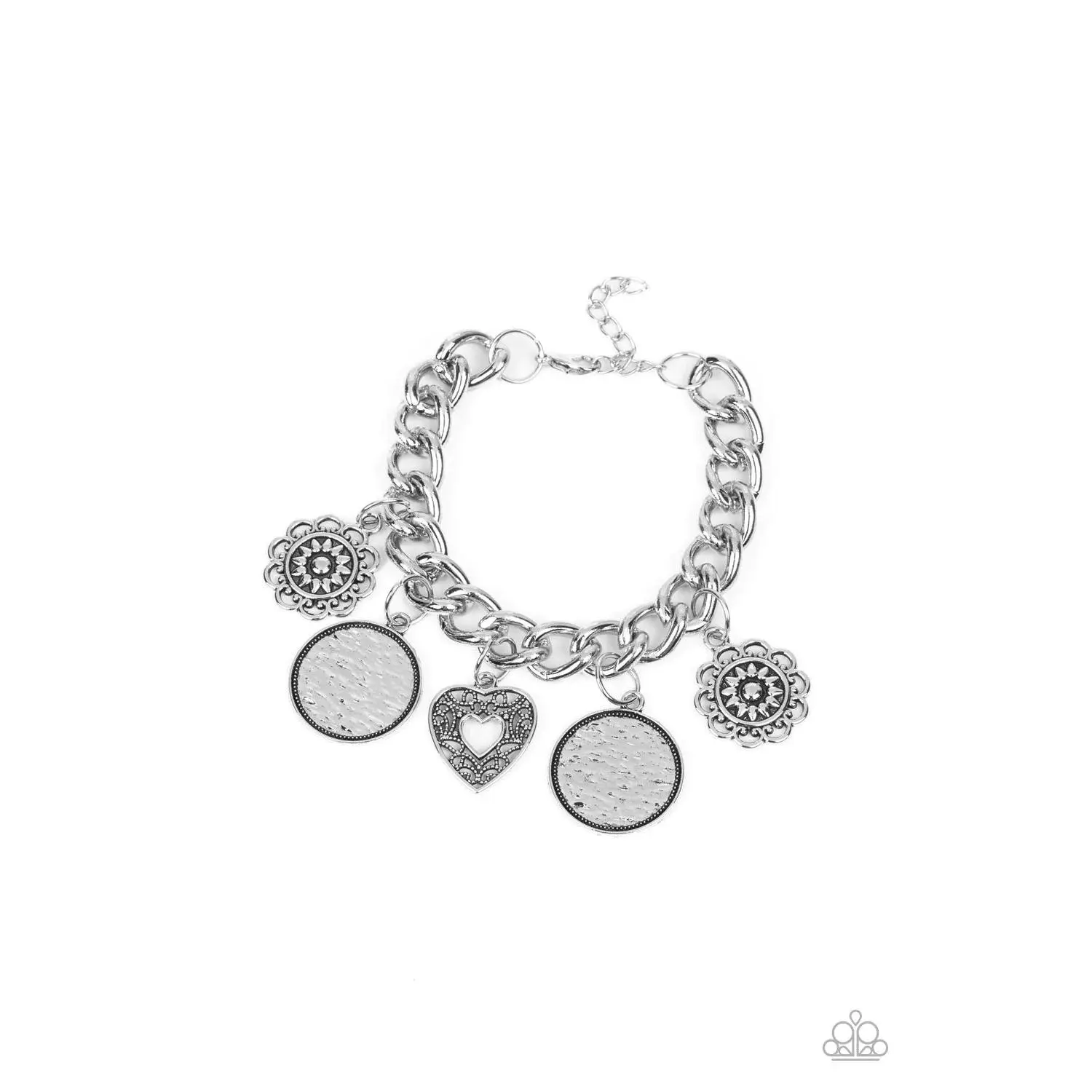 Female Whimsical Fringe Charm Bracelet, Complete CHARM-ony Silver, Adjustable Clasp Costume Jewelry Accessory, Casual, Flowers