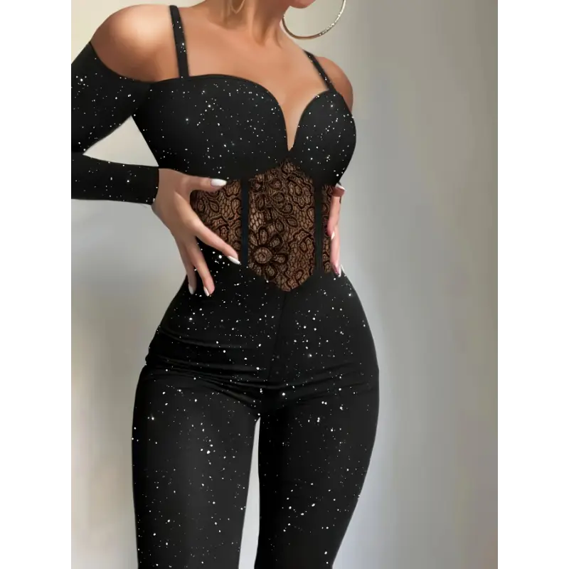 Elegant Women's Off-Shoulder Long Sleeve Sequin Jumpsuit - V-Neck with Lace Detail, Stretchy Polyester/Spandex Blend, Machine Washable, Navy Blue