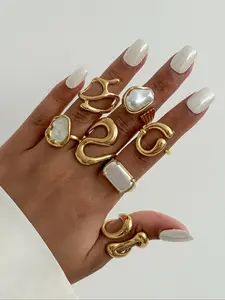 Women's Geometric Baroque Pearl Ring Set, Unique Rings, Statement Rings, Vintage Fashion Jewelry for Daily Wear & Party, Alloy Material, Gift Idea