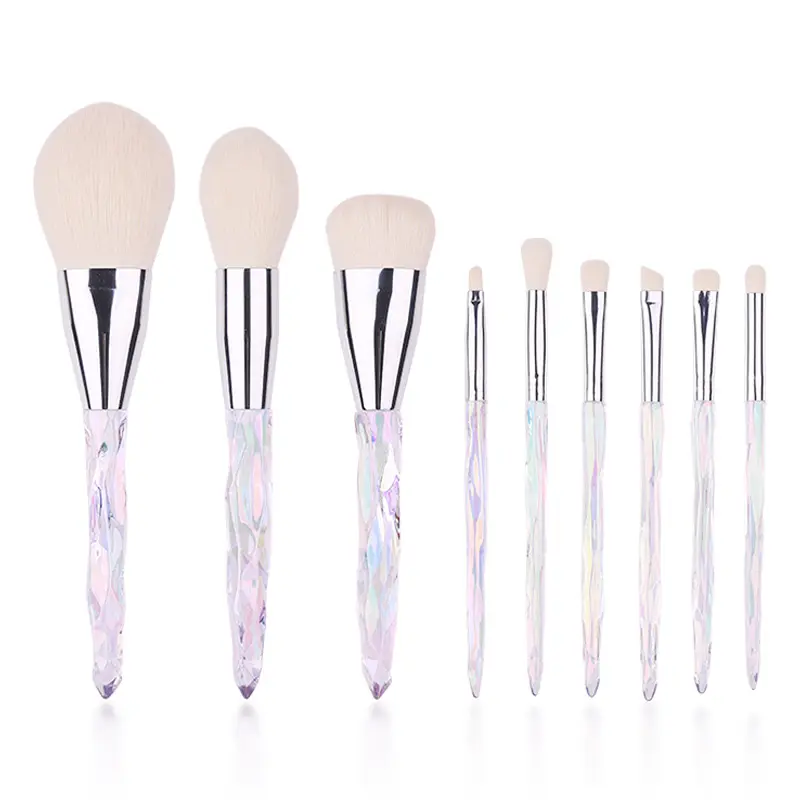 9-Piece Iridescent Grip Crystal Makeup Bristle Set Kit Pack - Smoothing Brushes for Face, Eyes, Lip Makeup (Powder, Blush, Contour, Highlight, Eyeshadow, Brow)