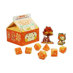 1985 Games Orange Kawaii Cat Dice Set 1-Pack | 7-Piece Acrylic Milk Carton-Inspired Polyhedral RPG Dice with Sticker & Enamel Pin – Compatible with D&D, Pathfinder, MTG & Tabletop Role-Playing Games