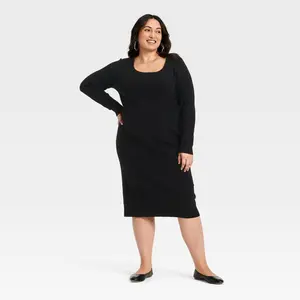 Women's Long Sleeve Textured Transitional Midi Sweater Dress - Universal Thread Black 2X