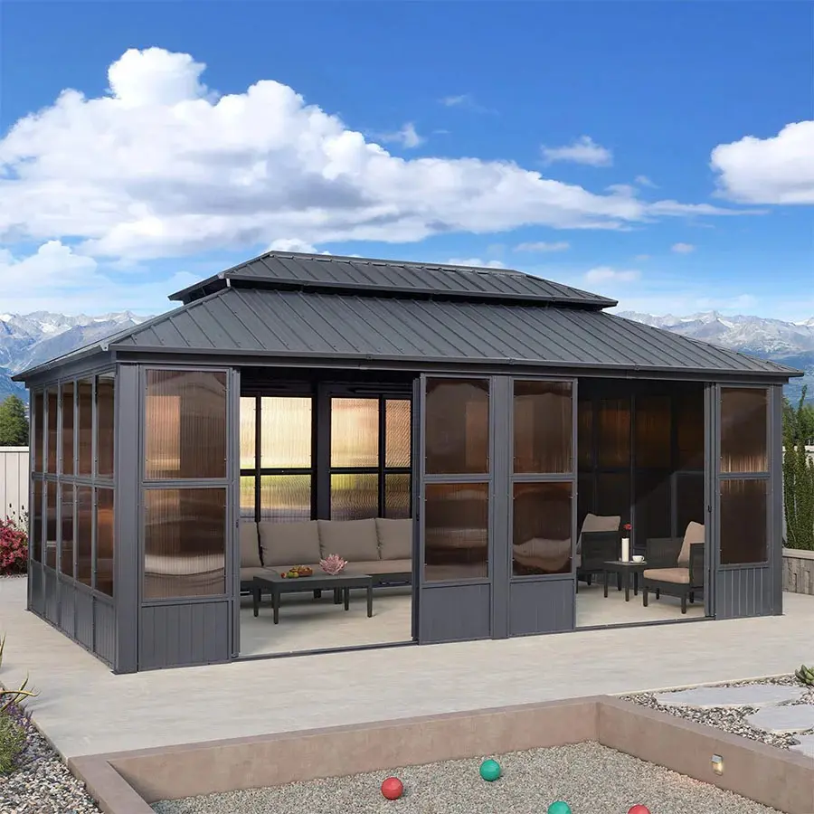PURPLE LEAF 12' x 20' Hardtop Gazebo For Patio | Screen House Grey Aluminum Solarium Canopy