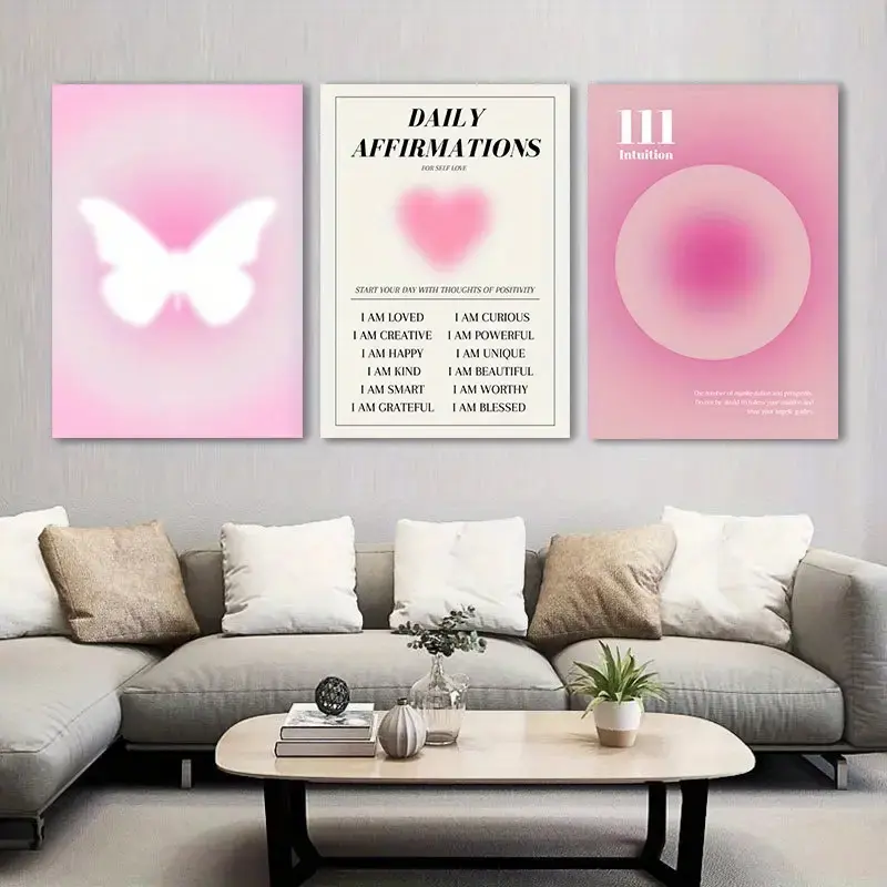 Artistic 3-Pc Pink Aura Butterfly Framed Canvas Wall Art Set - Hangable Multi-Size Glow Prints, UV-Resistant, Non-Toxic Eco-Friendly Wood Frame, Butterfly Charm, 12"x16" & 8"x12", Girls’ Room Decor, Romantic Gift
