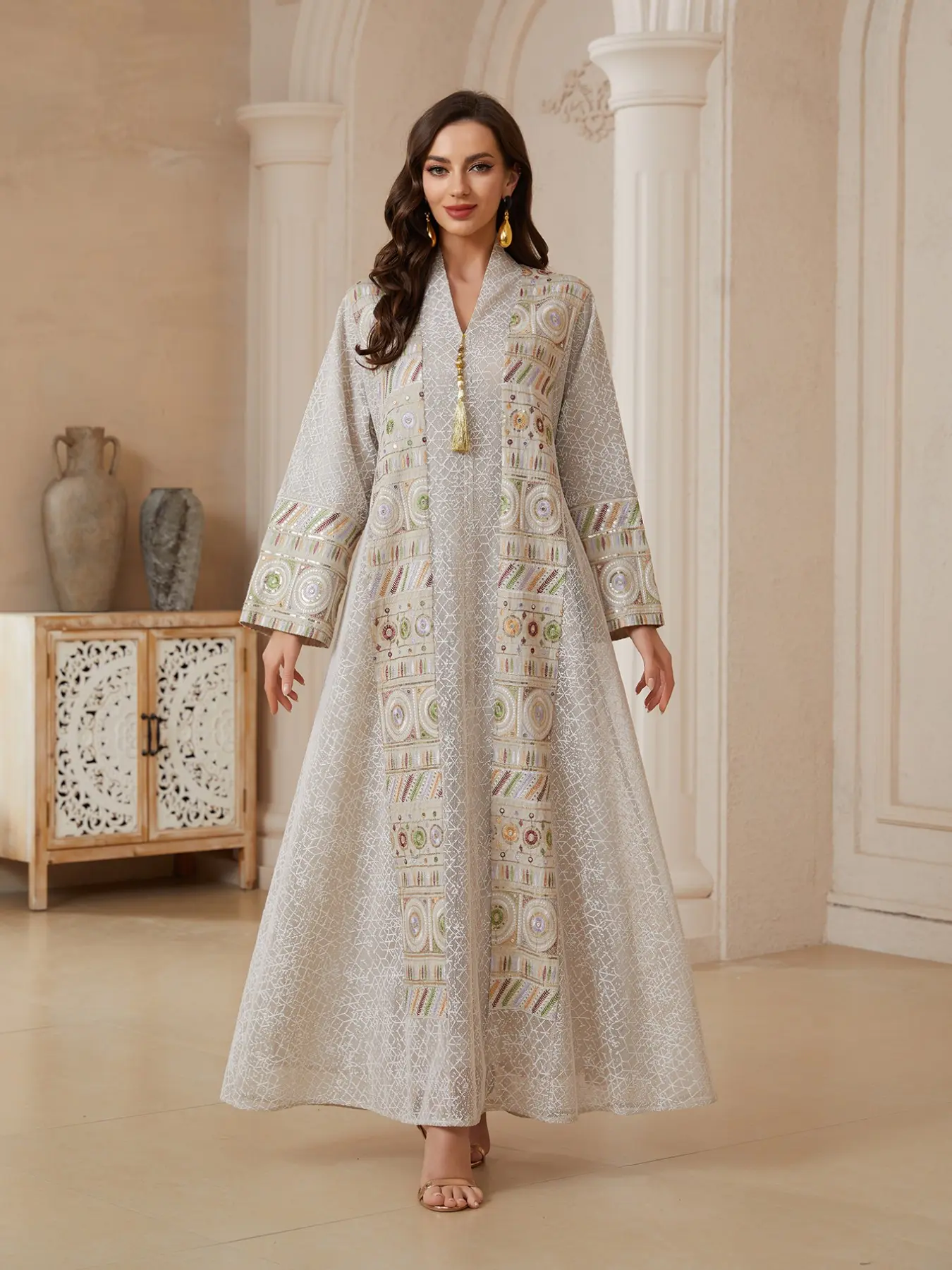 Elegant Chic Women's Middle Eastern Style Jalabiya Dress, Bubu Kaftan Dress, Long Sleeve Stand Collar Maxi Dress, Beaded Sequins Patchwork Design, Traditional Womenswear