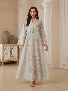 Elegant Women's Middle Eastern Style Jalabiya Dress, Long Sleeve Stand Collar Maxi Dress, Beaded Sequins Patchwork Design, Traditional