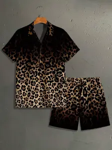 Men's Leopard Print Shirt and Shorts Matching Set, Fashionable Casual Comfort Fit, Perfect for Daily Leisure Activities, Versatile Men's Clothing