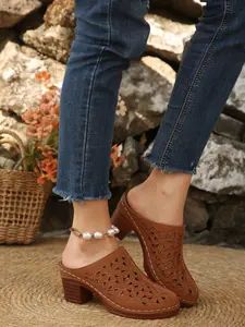 Lazy One-Step Slip-On Hollow Out Sandals, Vintage Colorblock Thick Heel Western Mules, Versatile Casual Women's Shoes for Commuting and Shopping