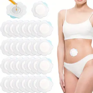 30pcs Self-Adhesive Castor Oil Belly Wraps - Highly Absorbent Spunlace Cloth Pads, Disposable Compress Patches for Essential Oil Care, No Wash Needed, Oil Not Included, White & Blue Design, Belly Button Cover Patch | Elegant Patch Design | Soft Texture Pa